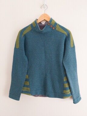 Marmot Vivian Wool Blend Sweater Teal Blue Striped 3 Button Collar Small